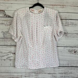 Womens VTG 80s TESS Polyester White Pink Dot Office Dainty Button Back Blouse 10